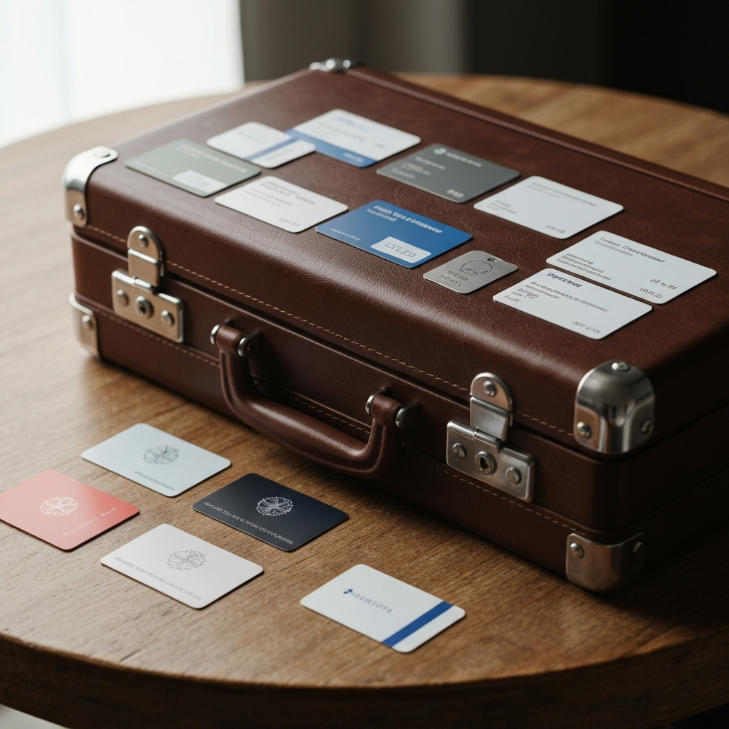 A stylish suitcase with airline loyalty program cards and hotel keycards neatly arranged on top, resting on a wooden table. Soft, diffused light creates a warm and inviting atmosphere.