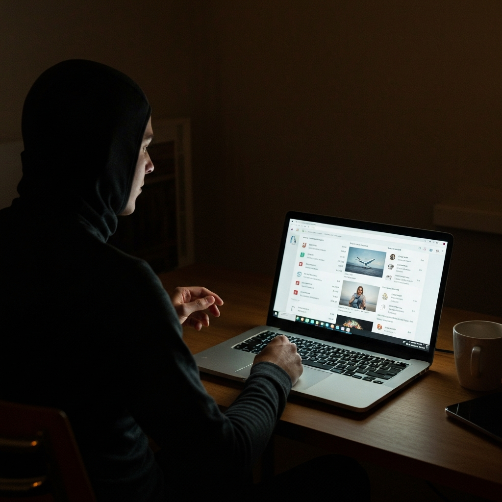 A person sitting at a desk, illuminated by the glow of a laptop screen showing flight search results. The room is dimly lit, focusing attention on the screen and the person's focused expression.