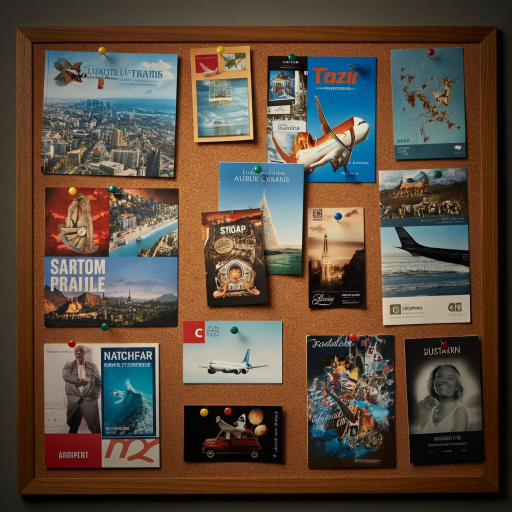 A corkboard covered with travel brochures, postcards, and various airline and hotel promotional flyers, pinned with colorful pushpins.