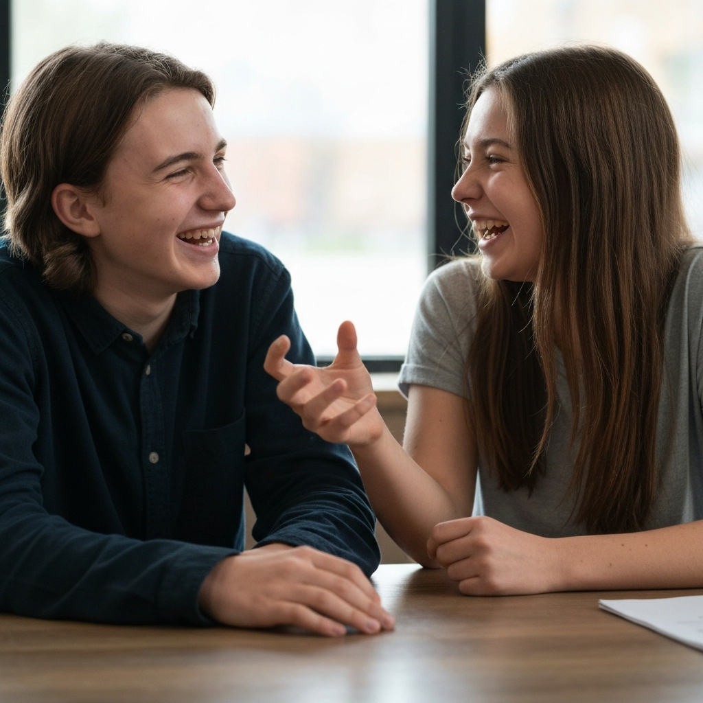 Close-up shot of two teens sitting at a table, laughing and gesturing animatedly. Soft, natural lighting. Emphasis on the textures of their clothes and the table's surface.