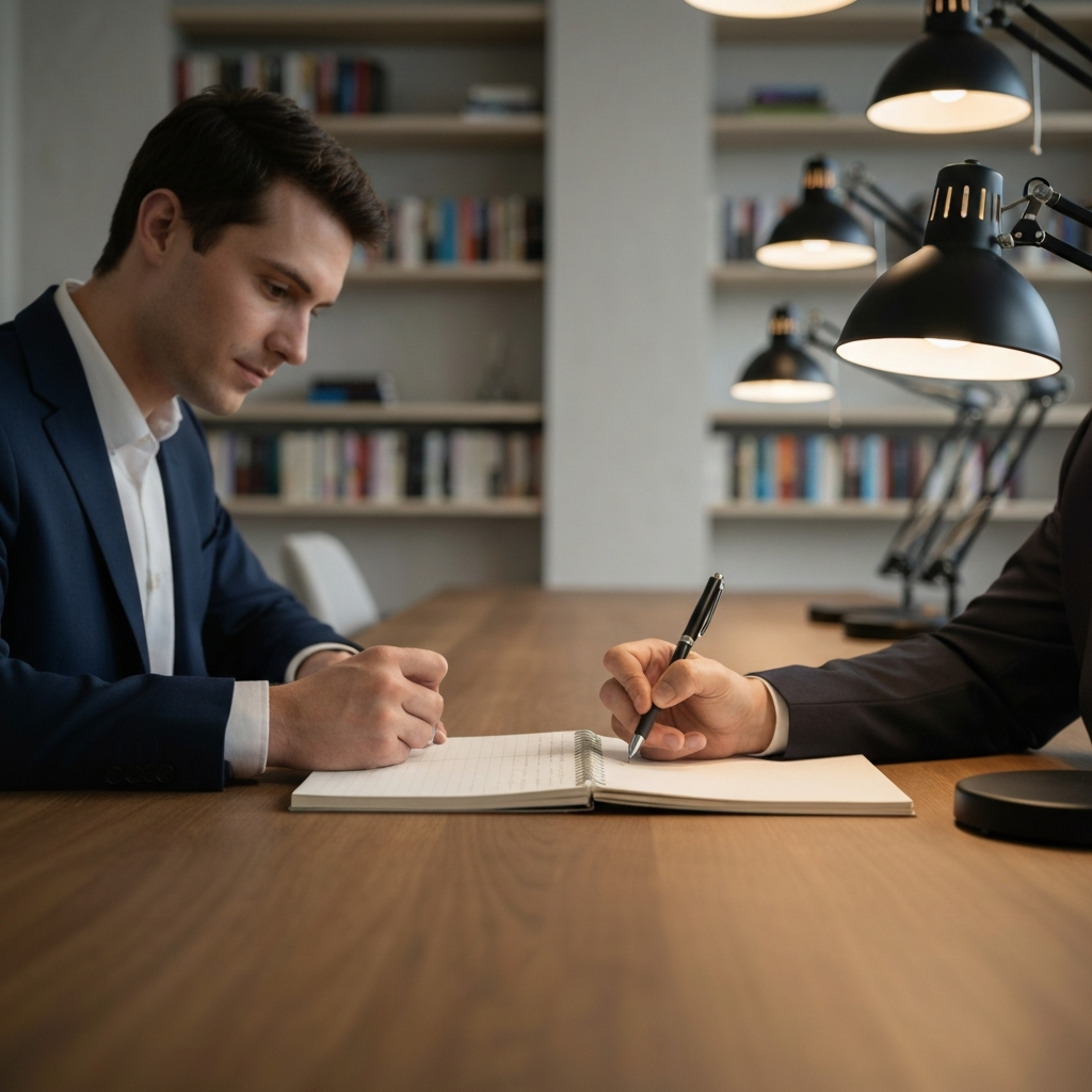 A brightly lit study space with a notepad and pen on a wooden desk. Soft bokeh background featuring bookshelves and reading lamps. High-angle shot emphasizing the writing process.