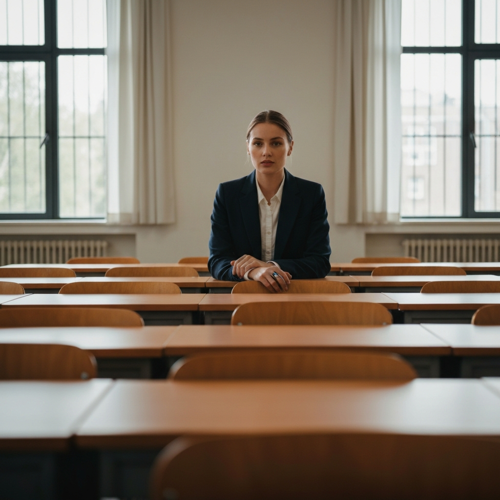 An empty classroom with desks neatly arranged in rows. Natural light streaming through the windows. Emphasis on the textures of the desks and chairs.