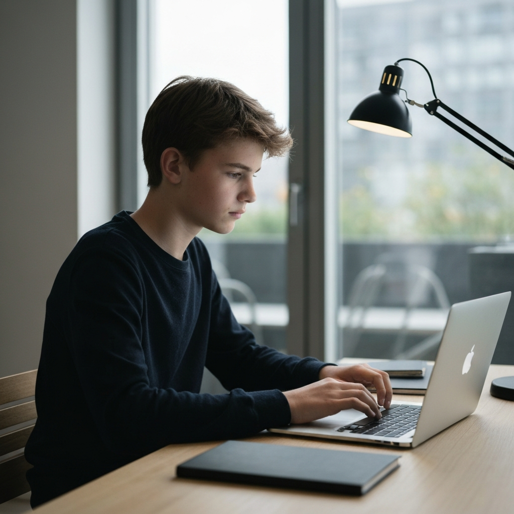 Teenager sitting at a desk with a laptop, illuminated by the screen. Soft, diffused lighting. Emphasis on the details of the laptop and the surrounding workspace.