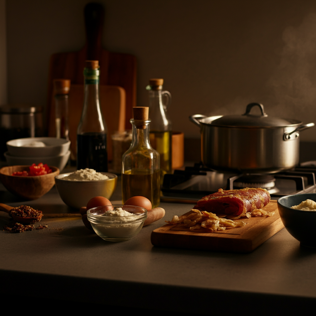 A well-stocked kitchen counter with various ingredients and cooking utensils. Warm, inviting lighting. Close-up shot emphasizing the textures and colors of the food.