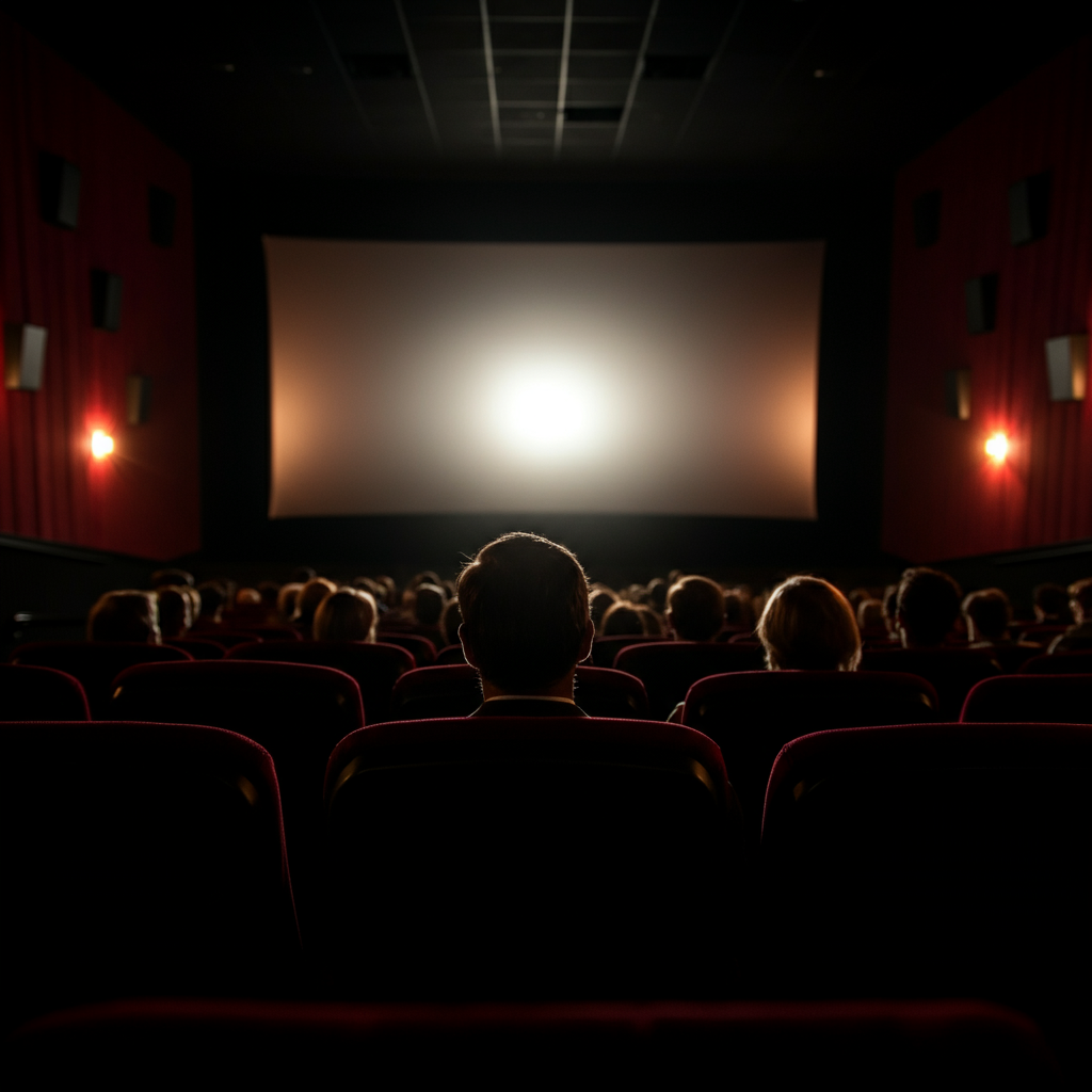 A dimly lit movie theater with the screen glowing in the background. Focus on the silhouettes of the audience members. Atmospheric and cinematic lighting.