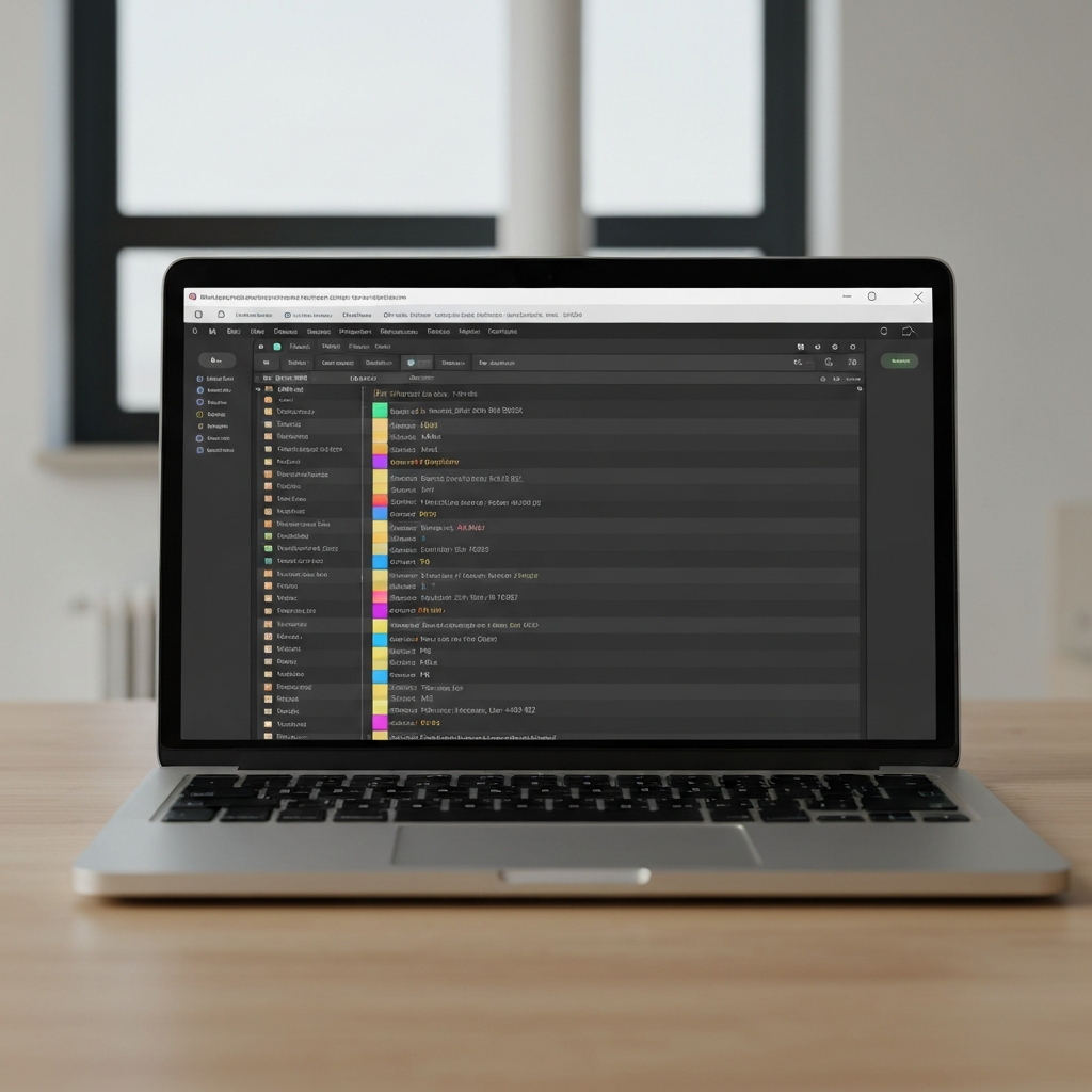 A laptop screen displaying a folder of audio files in a digital audio workstation (DAW). The focus is on the file names which are detailed and descriptive. Soft, even lighting.