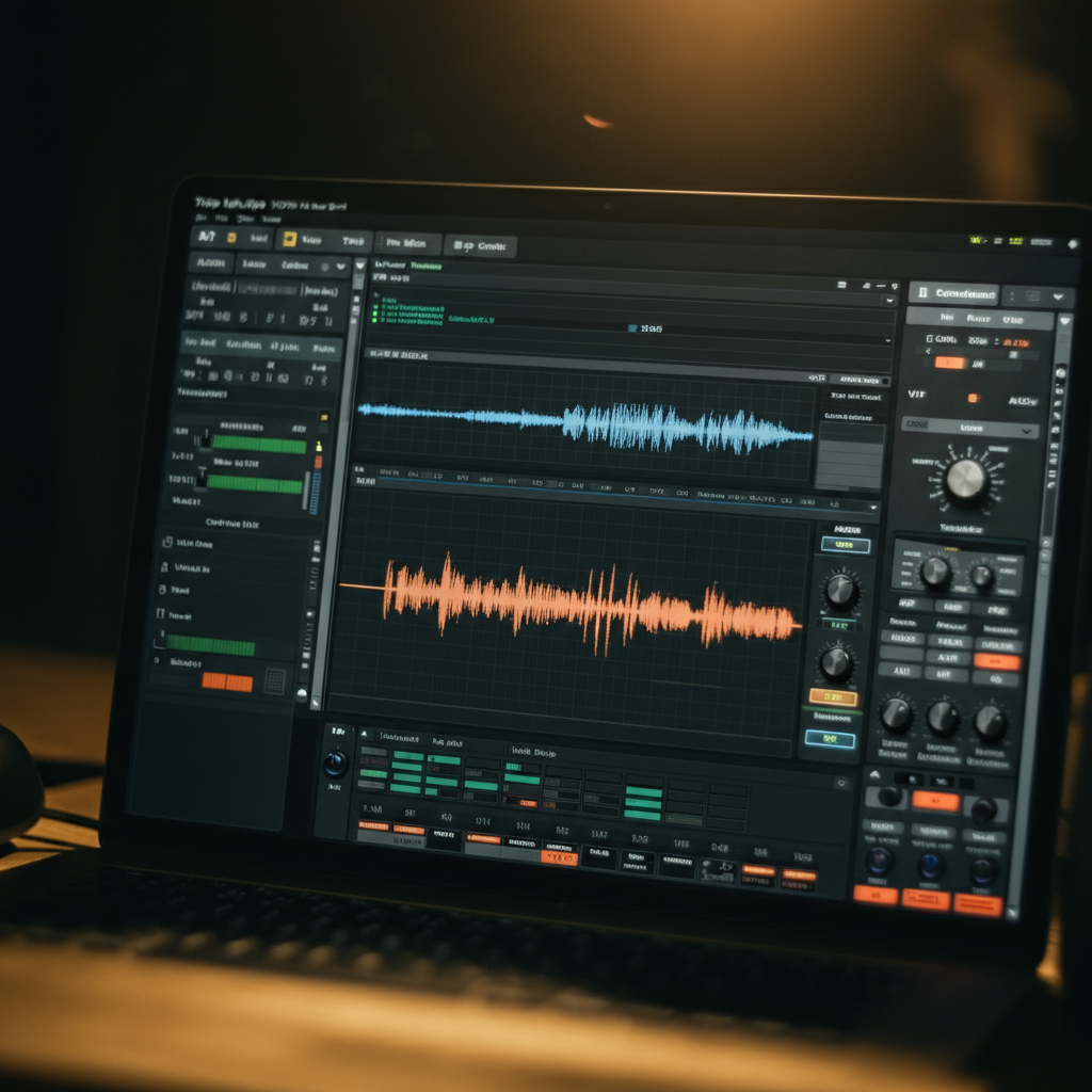 Close-up of a computer screen displaying the audio waveform of a sound in a DAW, with various audio effects plugins visible. The light is focused and slightly diffused.