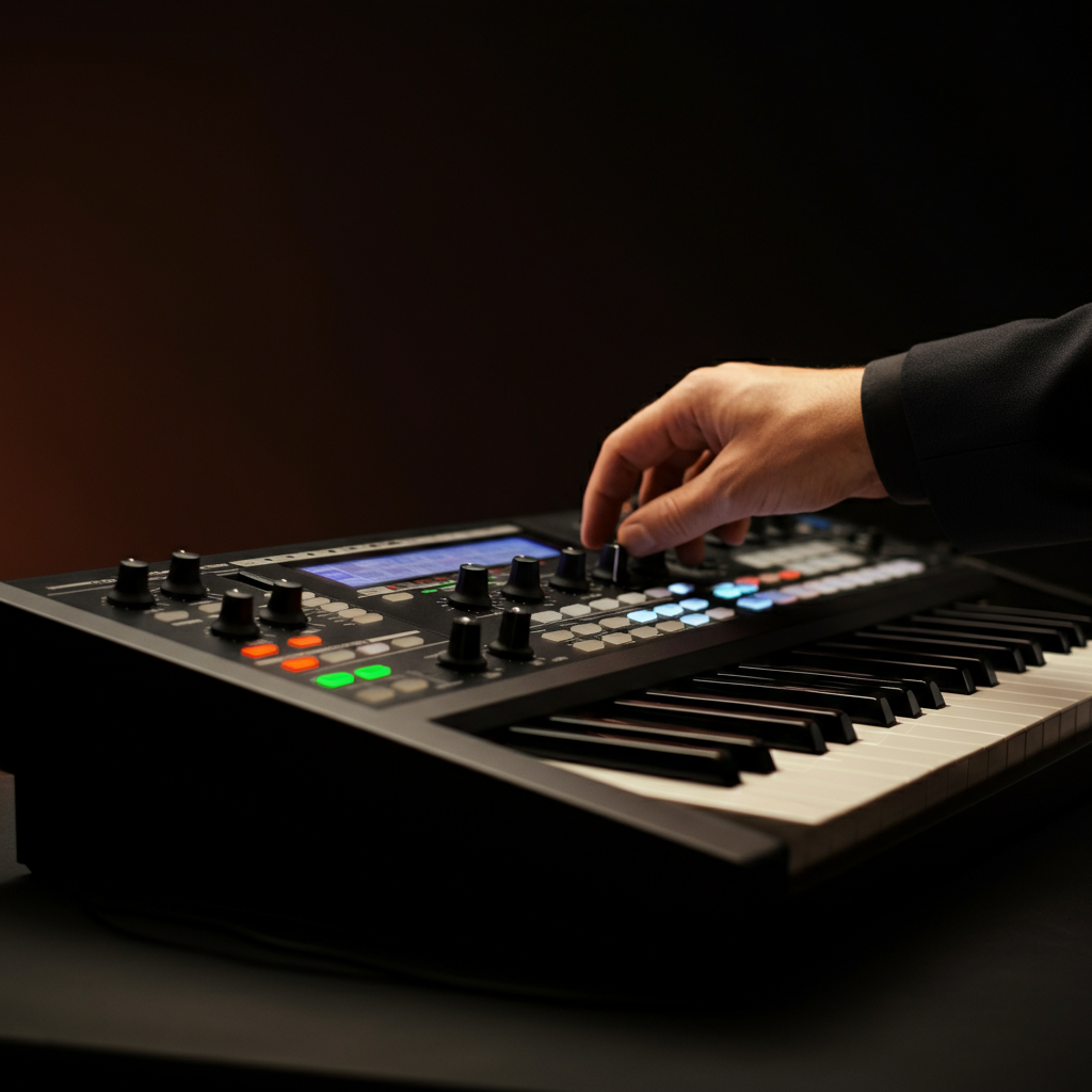 A MIDI controller keyboard and drum machine in a dimly lit studio. The keyboard is partially obscured by a hand adjusting a knob. Soft bokeh in the background.