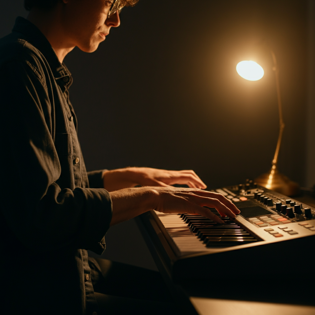A person playing a MIDI keyboard with a focused expression. The hands are slightly blurred from movement. Soft, warm lighting from a desk lamp.