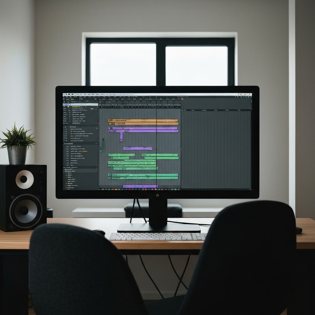 A view of a full DAW project on a large monitor, showing arranged audio and MIDI tracks. The lighting is even and reflects off the screen.