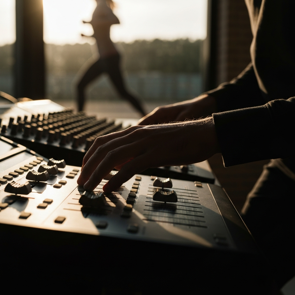 Close-up of mixing console with hands adjusting faders and knobs. Soft side-lighting creating shadows and highlighting textures.