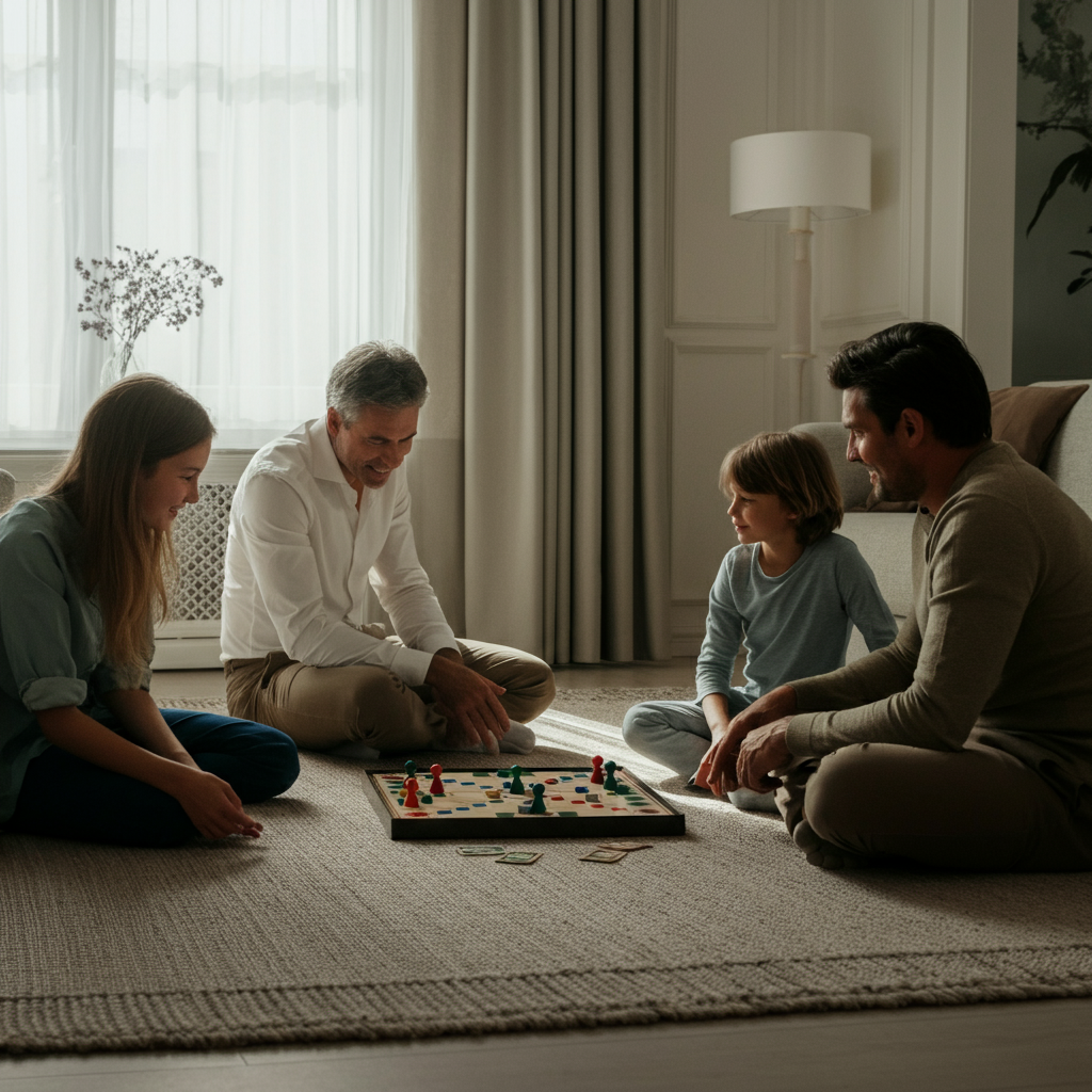 A family gathered on a plush rug in a living room, illuminated by natural light from a nearby window. A board game is set up between them, with genuine smiles and engaged expressions. The room is tidy and inviting, showcasing textures of woven fabrics and soft lighting.