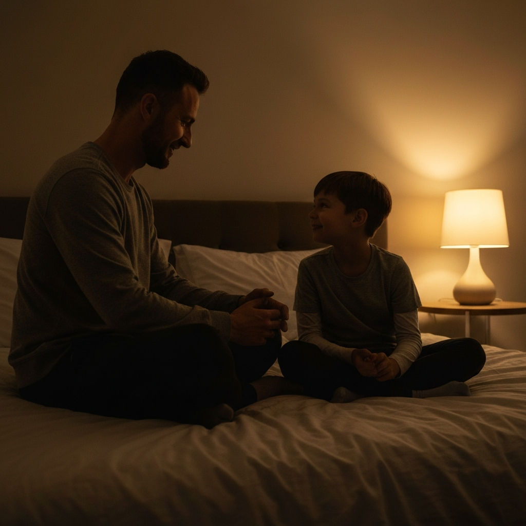 A dimly lit bedroom, showcasing a parent and child sitting together on the bed. The light source is a warm bedside lamp casting soft shadows. The focus is on their faces as they engage in a quiet conversation, exuding a feeling of peace and gratitude.
