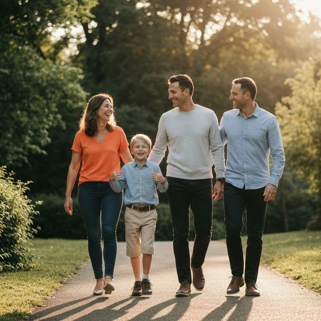 A family walking through a lush park on a sunny afternoon, bathed in golden hour lighting. They are casually dressed, laughing and interacting as they stroll along a paved path. The background features soft foliage and a gentle sense of motion.