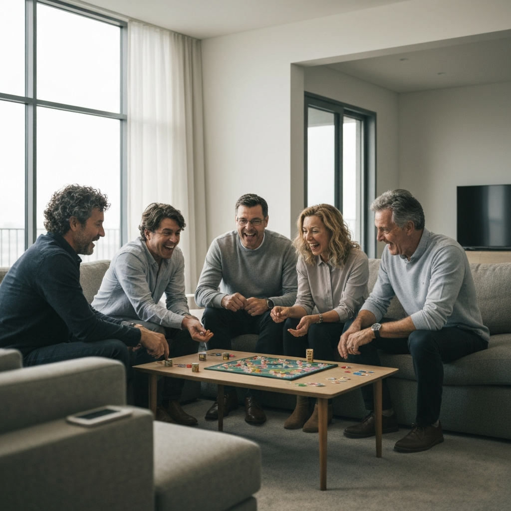 A group of family members gathered around a coffee table, playing a board game with animated expressions. The room is warmly lit with soft, diffused light, creating a cozy and inviting atmosphere. The focus is on the shared laughter and interaction.