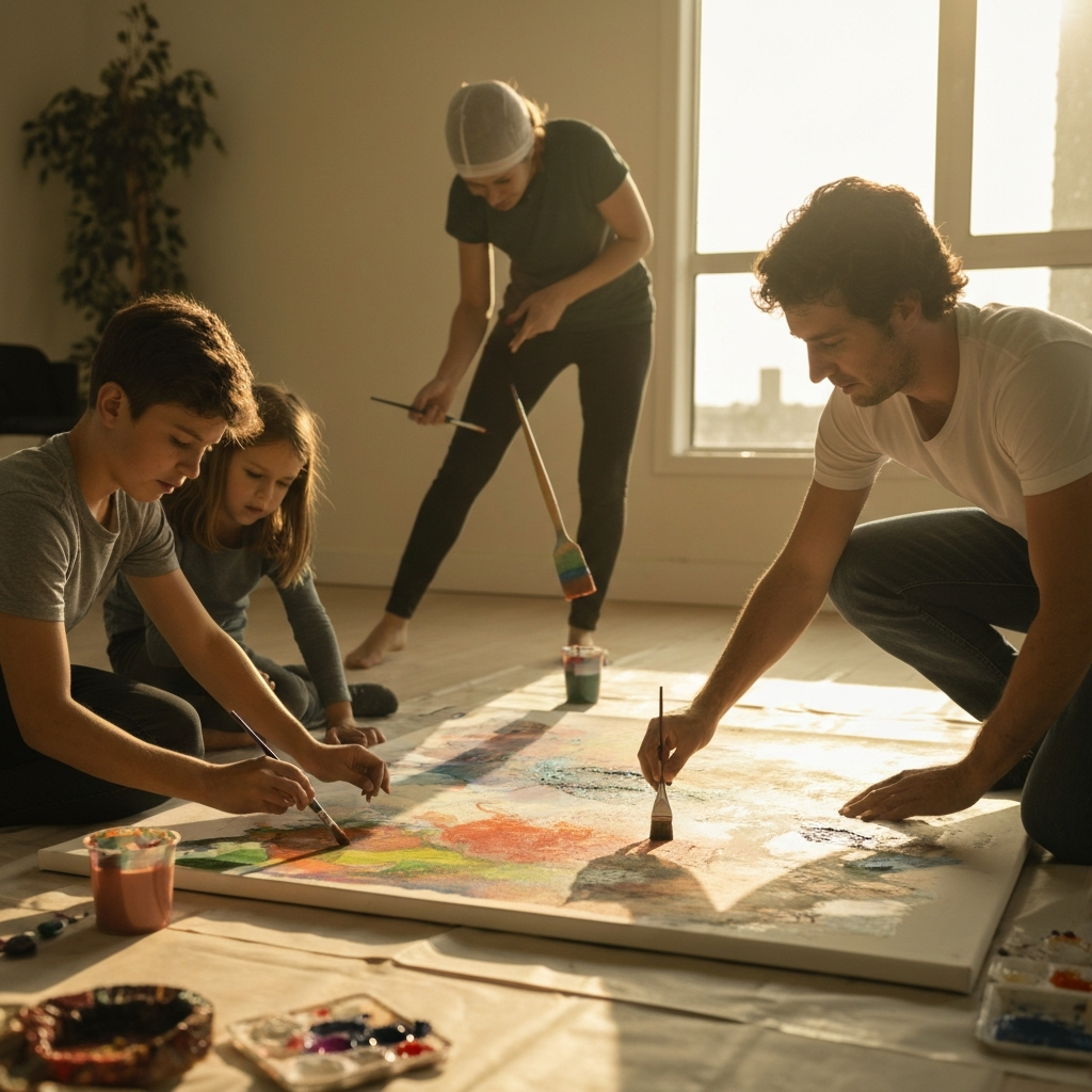 A family working together on a large painting on a canvas spread out on the floor. The scene is bathed in natural light, highlighting the vibrant colors and textures of the paints and brushes. Each member is contributing, showing collaboration and creativity.