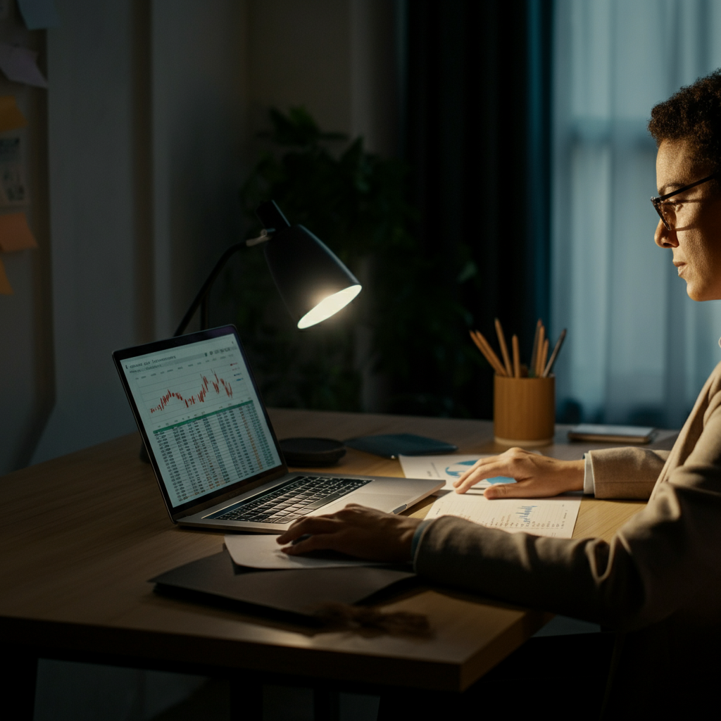 A brightly lit office space. A person sits at a desk, reviewing spreadsheets and market data on a laptop screen. They are wearing glasses and a professional blazer. Natural daylight streams through the window.