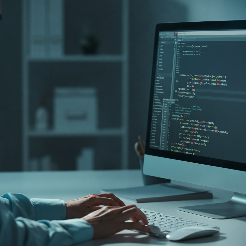 Close-up shot of a computer screen displaying lines of code. Fingers type rapidly on the keyboard. Soft bokeh in the background showing a cluttered but organized desk.