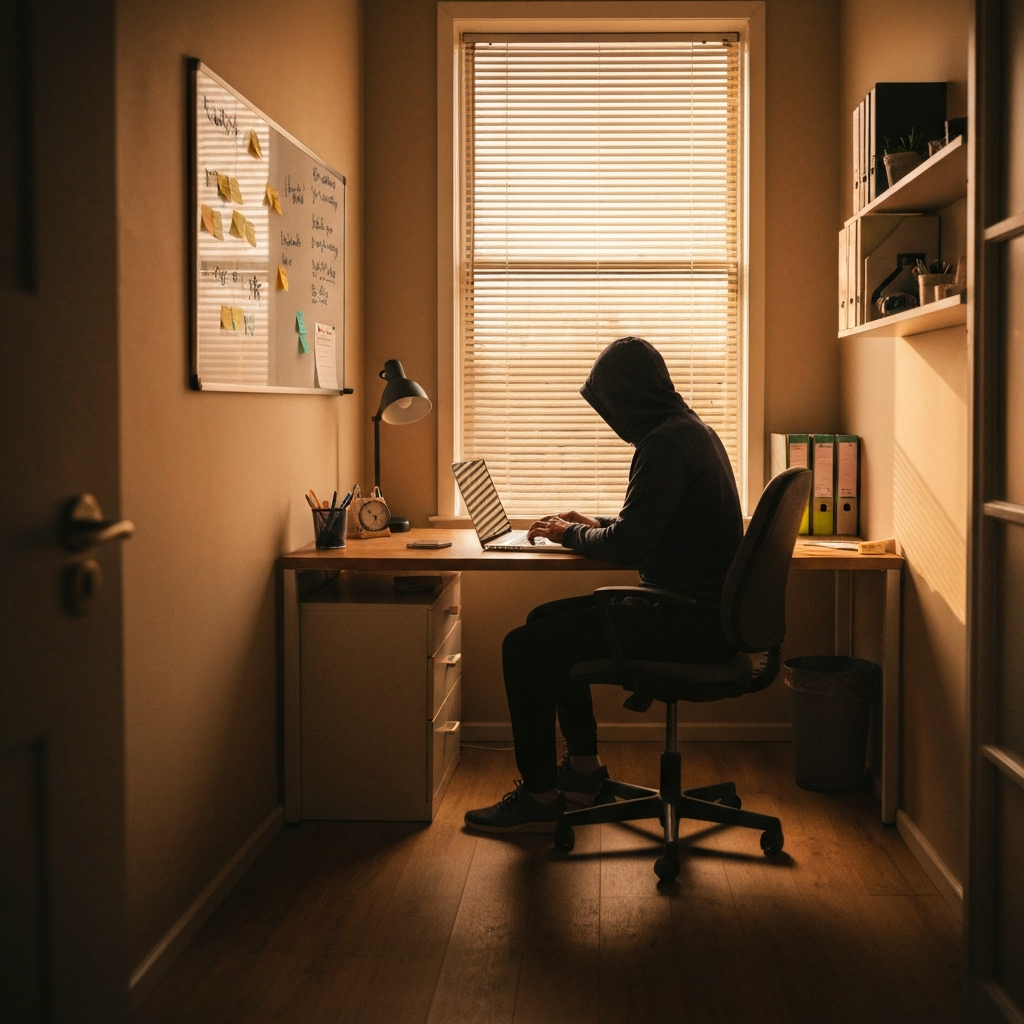 A small, well-organized home office. A person is sitting at a desk, working on a laptop. The room is bathed in warm, golden hour lighting. A whiteboard with notes and ideas is visible in the background.