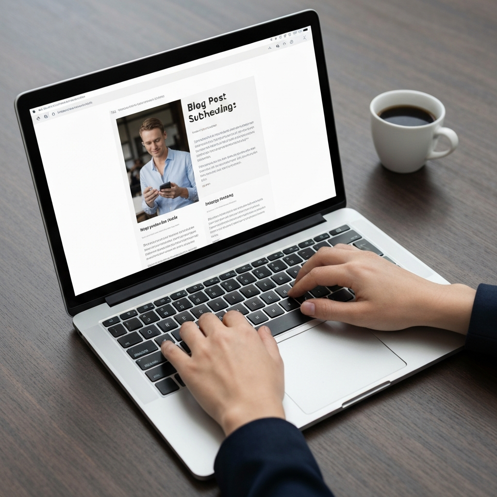 Hands typing on a laptop keyboard. The screen shows a blog post draft with headings and subheadings. A cup of coffee sits nearby.