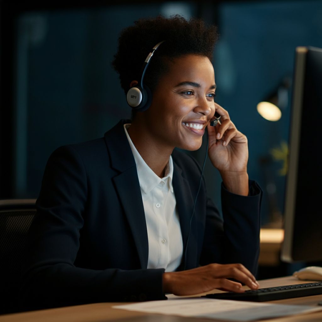 A person sitting at a desk, smiling and talking on a headset. The background is blurred, but shows a professional and welcoming office environment.