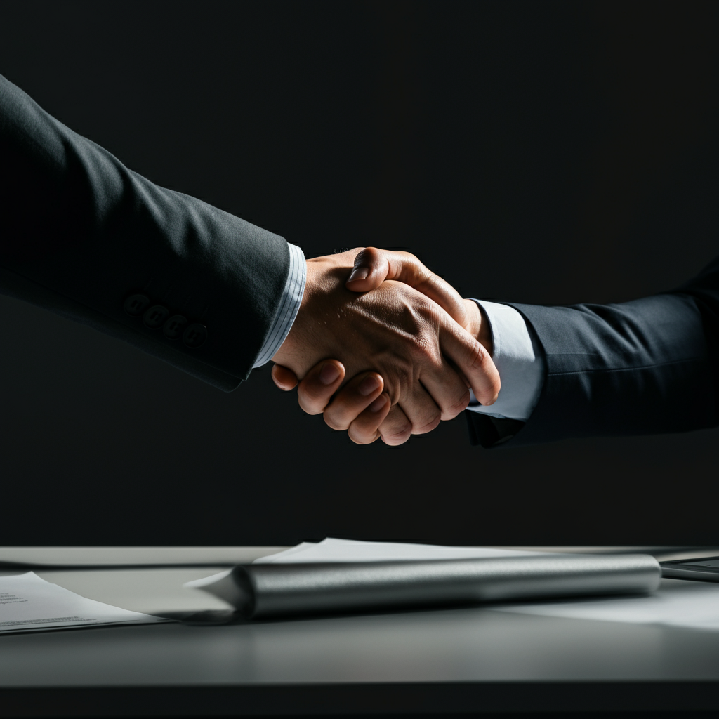 A side-lit close up shot of two hands shaking firmly across a desk. The textures of the hands and the desk are sharp and detailed.