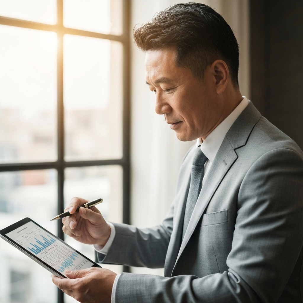 A person reviewing a financial spreadsheet on a tablet. The lighting is soft and diffused. A pen rests on the screen.