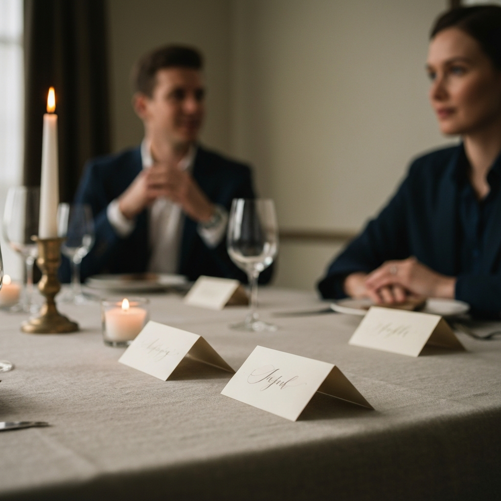 A softly lit dining table with place cards displaying elegant calligraphy. The focus is on the texture of the linen tablecloth and the subtle glow of candlelight. In the background, two people are engaged in relaxed conversation.