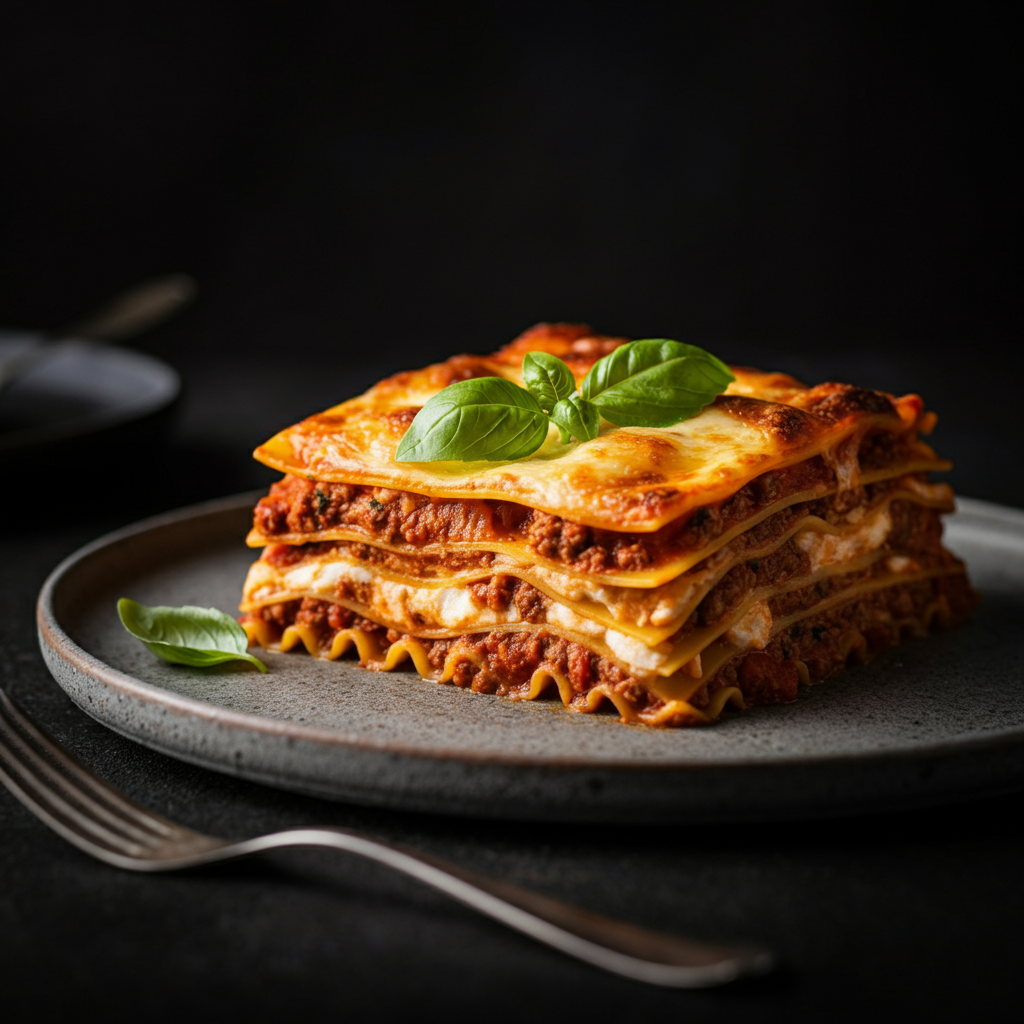 Close-up shot of a beautifully arranged lasagna on a rustic ceramic platter. The lighting is warm and inviting, highlighting the layers of pasta, cheese, and sauce. Fresh basil leaves are scattered on top for garnish.