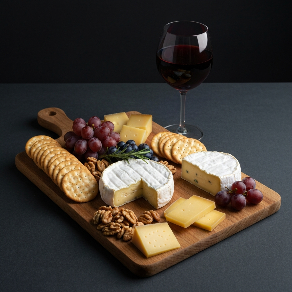 A beautifully arranged cheese board with a variety of cheeses, crackers, fruits, and nuts. The lighting is soft and natural, highlighting the textures and colors of the ingredients. A glass of red wine sits nearby.
