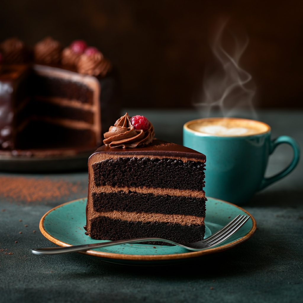 A slice of decadent chocolate cake on a small plate, with a fork resting beside it. A cup of coffee sits nearby, steaming gently. The background is blurred, creating a focus on the dessert.