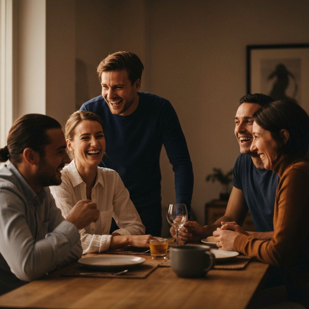 A group of friends gathered around a dining table, laughing and talking animatedly. The lighting is warm and inviting, highlighting the joy and connection between them. The focus is on capturing a genuine moment of happiness.