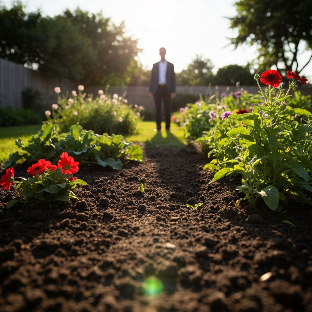 A wide-angle shot of a sun-drenched backyard garden. The camera is positioned low to the ground, emphasizing the texture of the soil and the vibrant colors of various flowers and vegetables. Golden hour lighting creates long shadows, adding depth to the scene.
