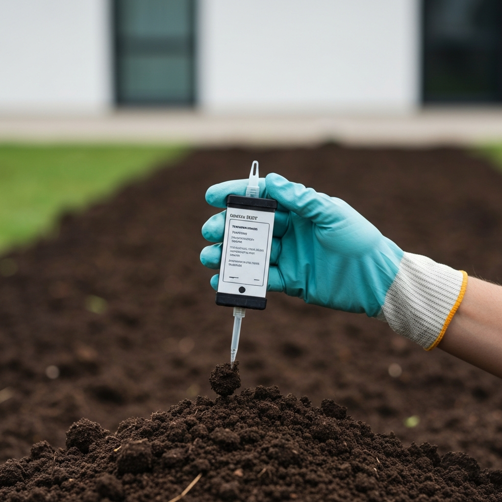 A close-up shot of a gloved hand holding a soil testing kit against a backdrop of freshly tilled garden soil. Soft bokeh blurs the background, keeping the focus on the texture of the soil and the details of the testing kit.