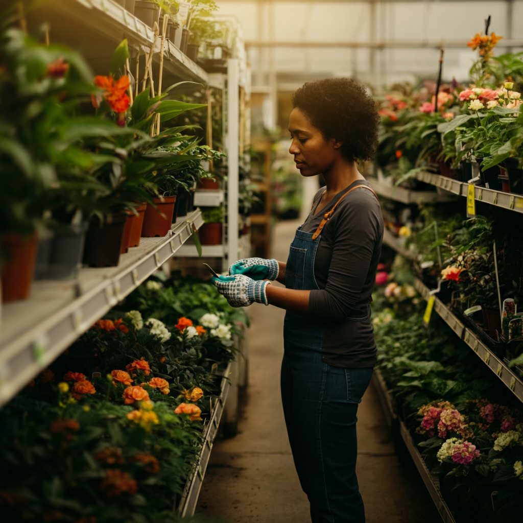 A medium shot of a person browsing plants at a local nursery. The shelves are overflowing with colorful flowers and greenery. The person is wearing gardening gloves and examining a plant label closely. Natural, diffused light creates a soft and inviting atmosphere.