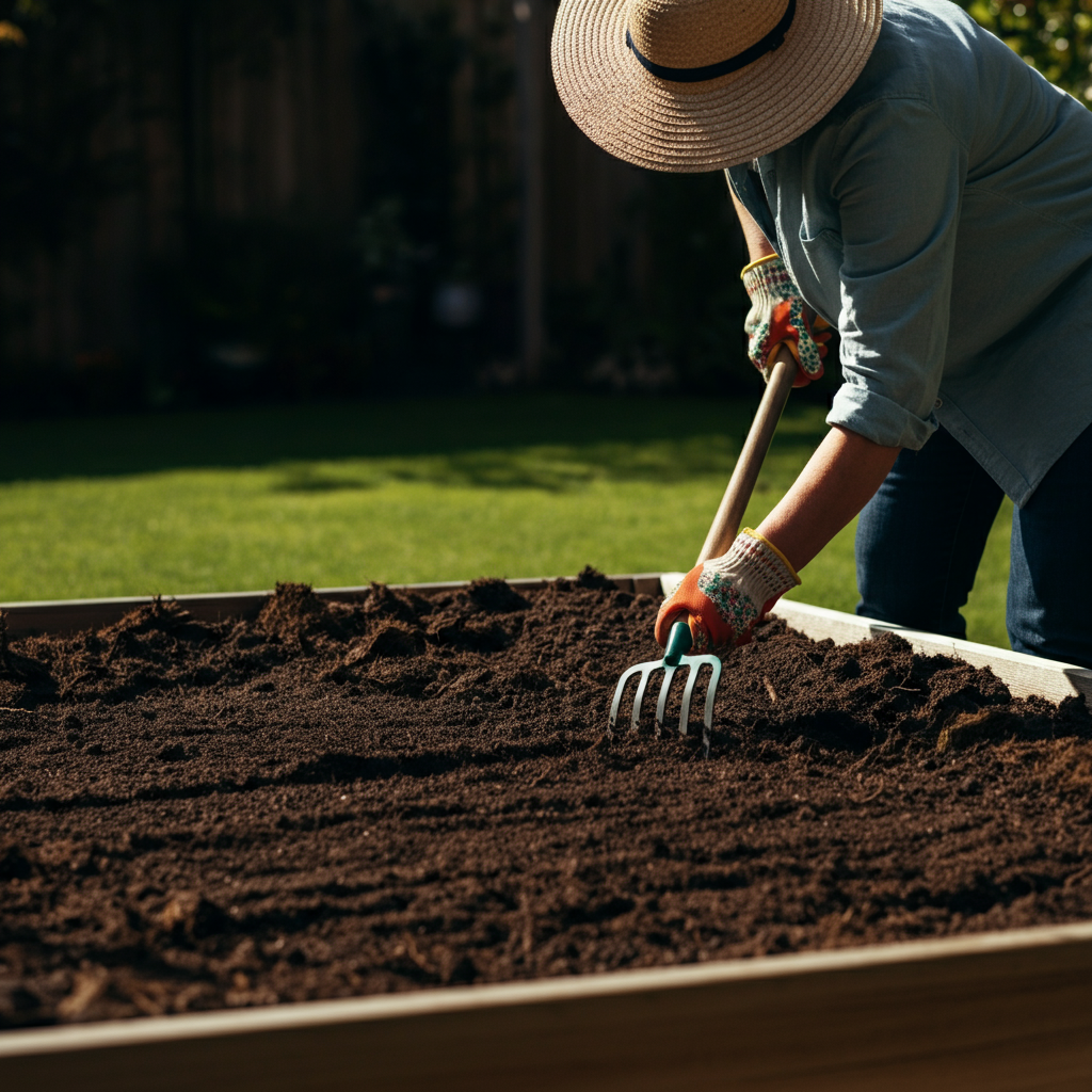 A side-lit shot of a person working in a raised garden bed, using a garden fork to turn the soil. The texture of the soil is highlighted by the light. The person is wearing a sun hat and gardening gloves. The background features a lush green lawn.