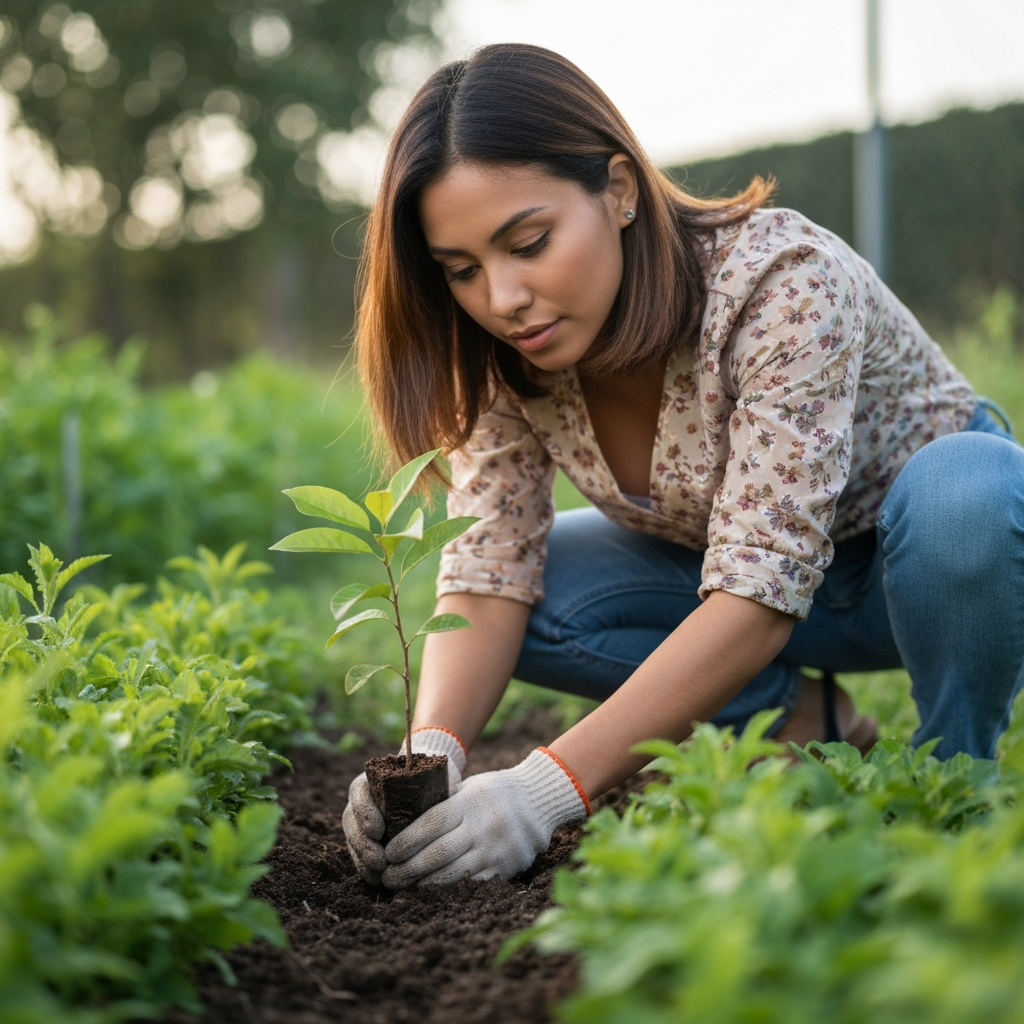 A close-up shot of hands gently planting a seedling into a garden bed. The hands are wearing gardening gloves and the seedling is carefully placed in the soil. The background is blurred, creating a shallow depth of field that emphasizes the act of planting.