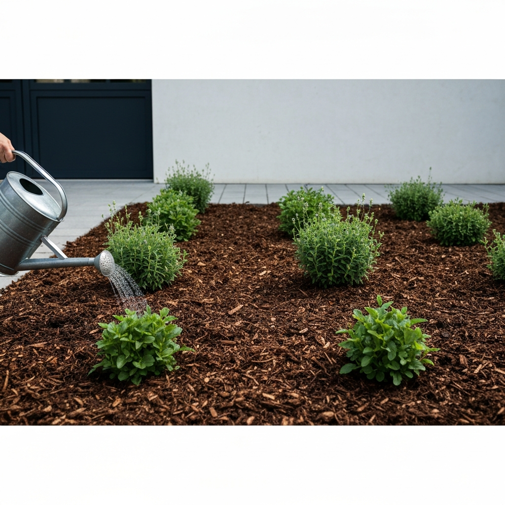 A medium shot of a garden bed covered in mulch. A watering can is visible in the foreground, gently watering the plants. The mulch is evenly distributed around the plants, creating a neat and tidy appearance. Soft, diffused light illuminates the scene.
