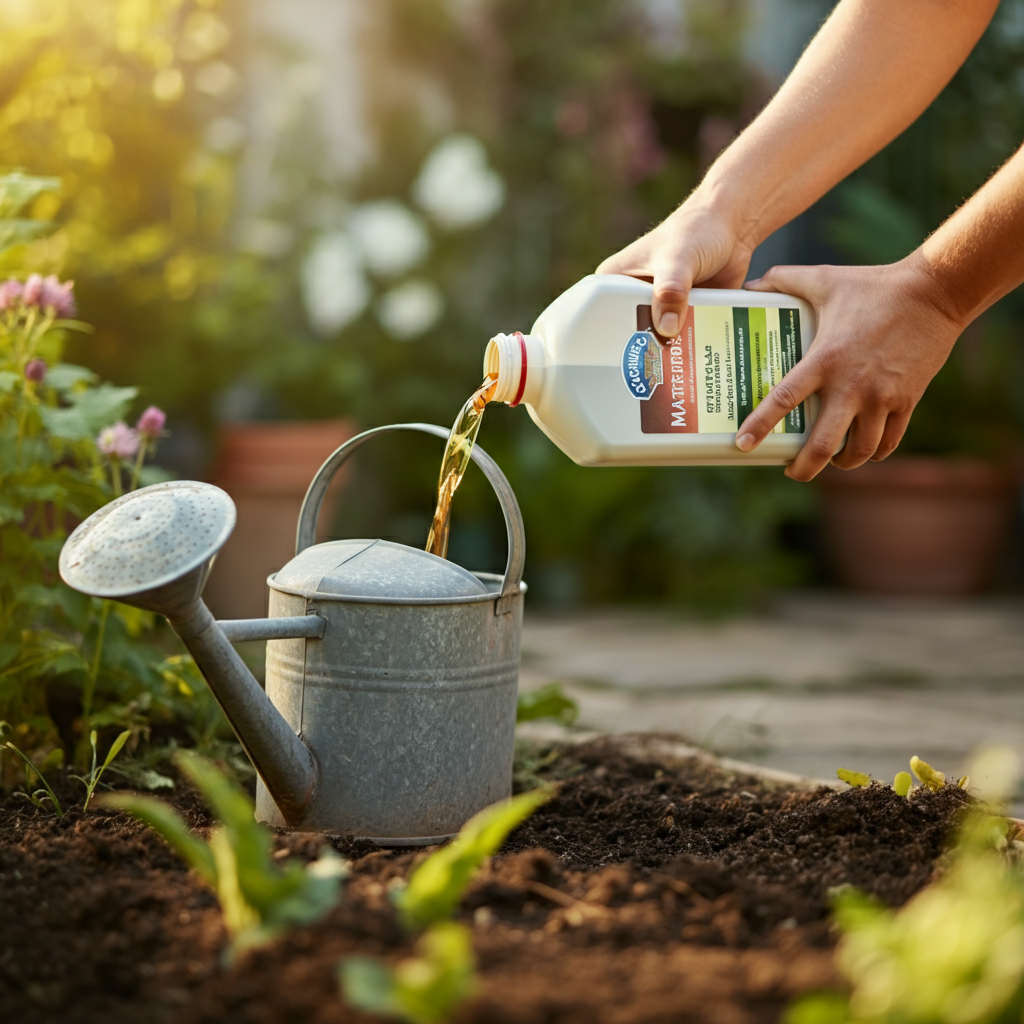 A close-up shot of a person pouring liquid fertilizer into a watering can. The fertilizer bottle is clearly visible, showing the brand and type of fertilizer. The background is a garden setting, with plants and flowers in the distance. The light is bright and natural, highlighting the details of the fertilizer and watering can.