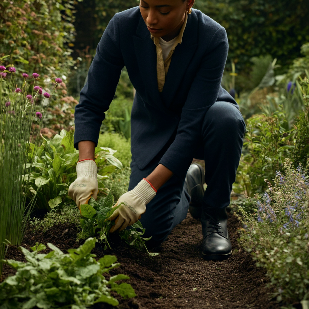 A medium shot of a person kneeling in a garden bed, hand-weeding. The person is carefully pulling weeds from around the plants. The background is a lush garden, with various plants and flowers. The light is soft and diffused, creating a peaceful and serene atmosphere.