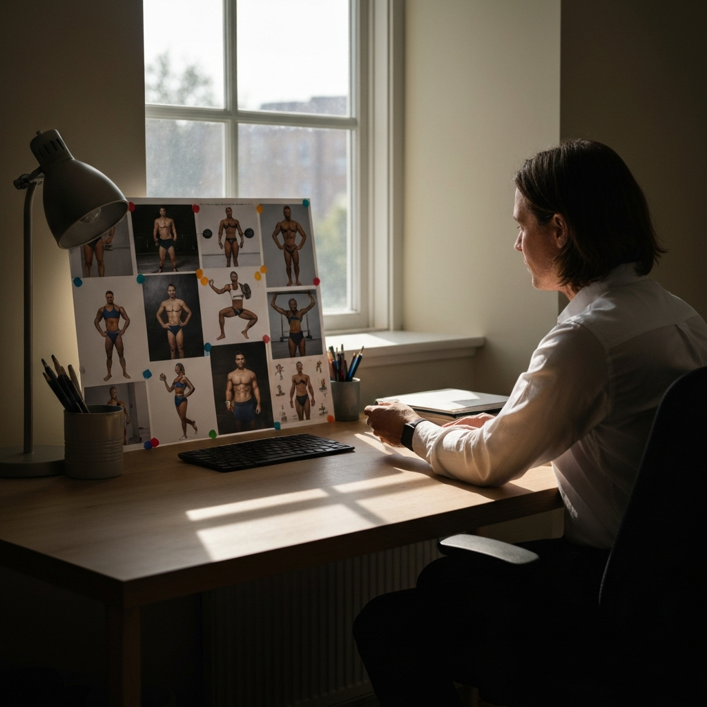 A person in a home office setting, looking at a vision board filled with images of athletic physiques and workout inspiration. Natural light streams in from a nearby window, creating soft shadows on the desk.