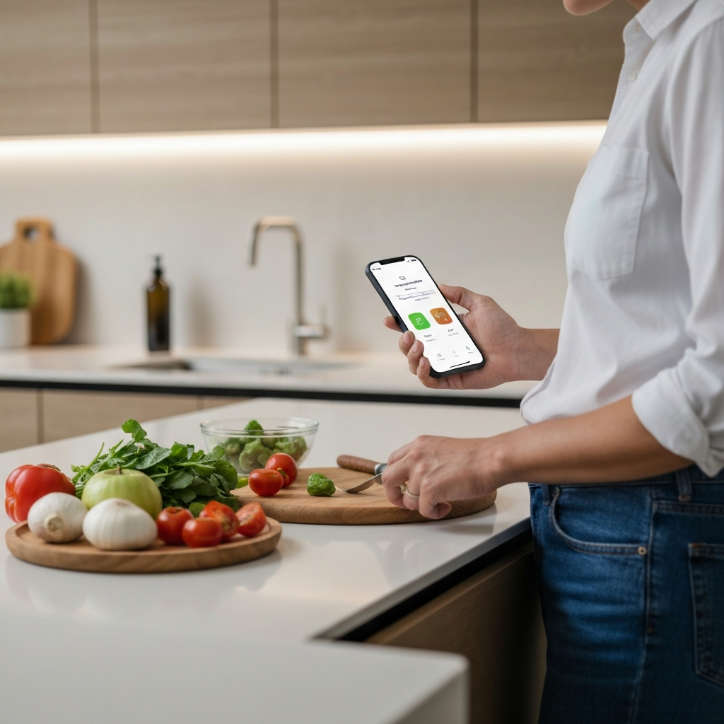Close-up of a person using a food tracking app on their smartphone while preparing a healthy meal in a modern kitchen. The countertop is clean and organized, with various fresh ingredients neatly arranged.