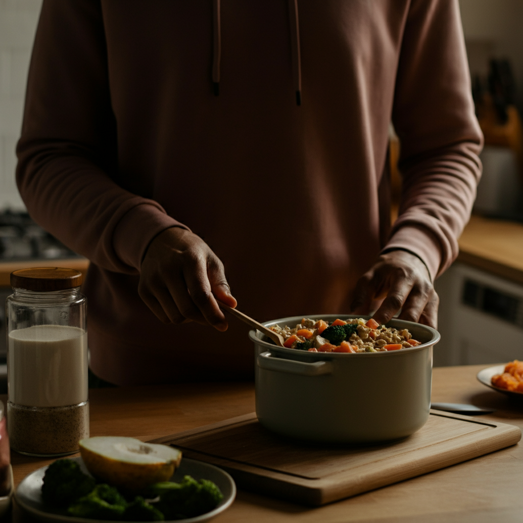 A person preparing a protein-rich meal in a well-lit kitchen. Focus on the textures of the food and the clean, organized environment. The lighting is soft and warm.