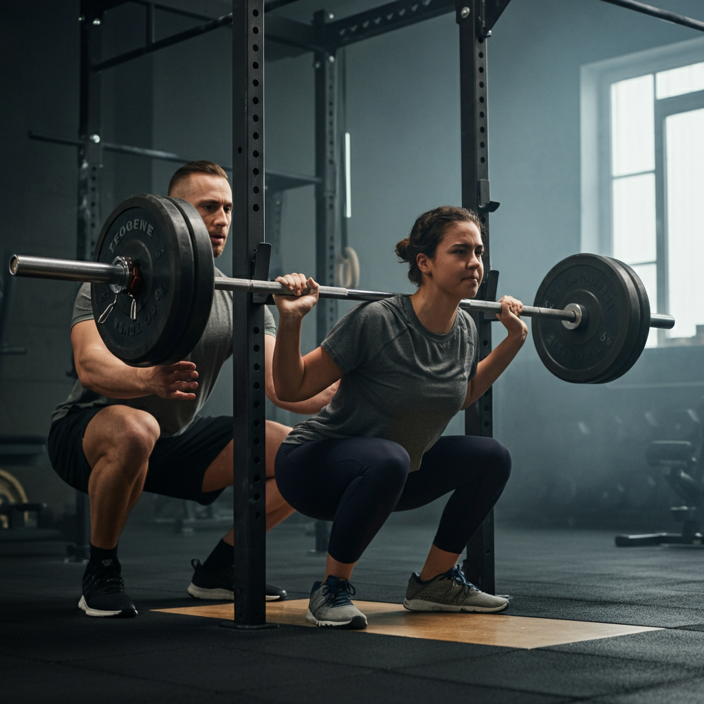 A person performing a barbell squat in a gym, with a trainer spotting them. The gym is clean and well-equipped, with natural light filtering through the windows.