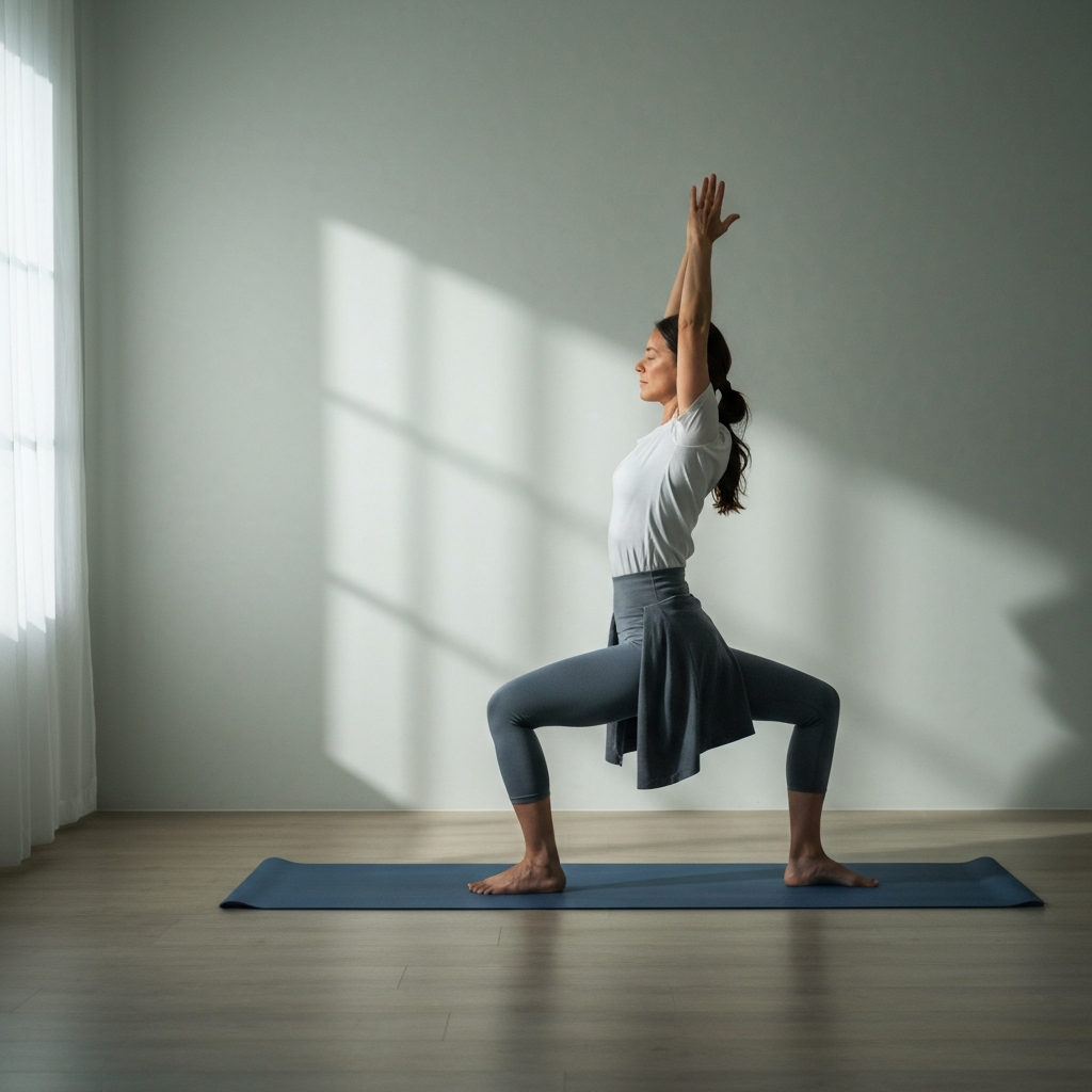 A person practicing yoga in a serene and minimalist room. Soft, diffused light illuminates the space, creating a calm and peaceful atmosphere.