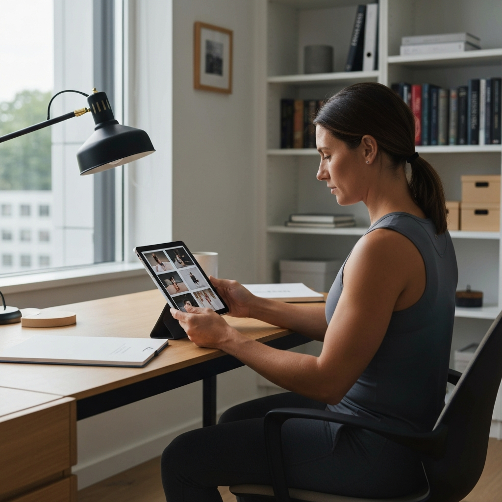 A person reviewing their fitness journal and progress photos on a tablet, seated at a desk. The room is organized and well-lit, with a bookshelf in the background.