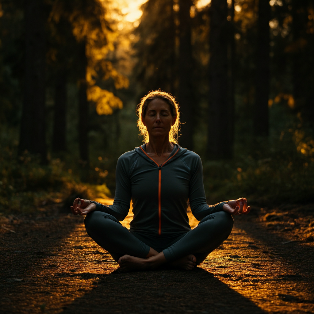 A person meditating in a peaceful outdoor setting, surrounded by nature. The lighting is warm and golden, creating a sense of tranquility.