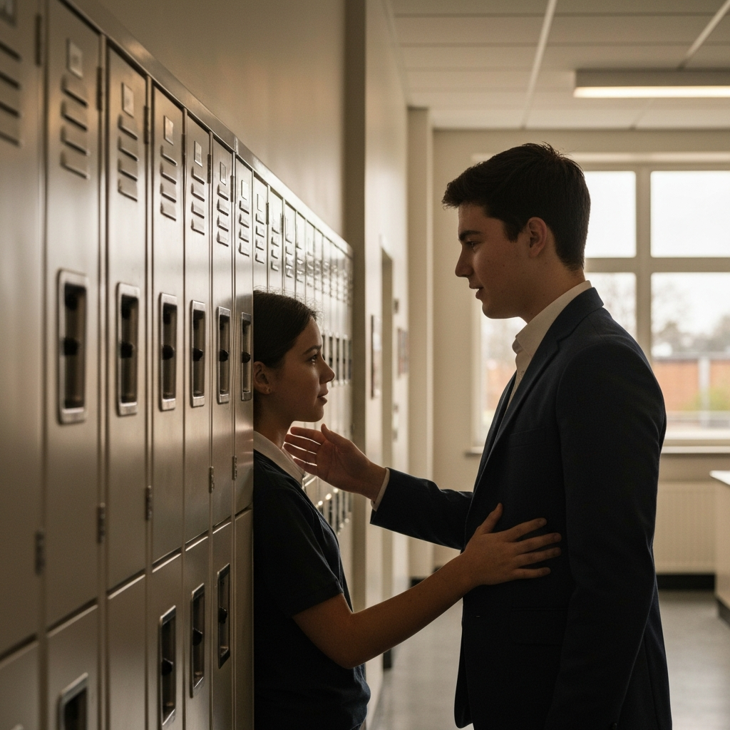 A school hallway with lockers, focusing on two students talking, one with a supportive hand on the other's shoulder. Warm, diffused light coming from a window illuminates their faces.
