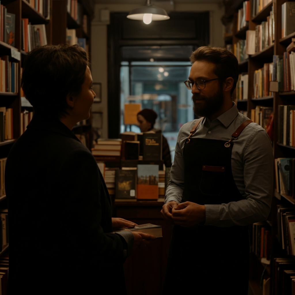 The interior of a small, brightly lit bookstore, focusing on the friendly interaction between a bookseller and a customer. Soft bokeh on the bookshelves in the background.