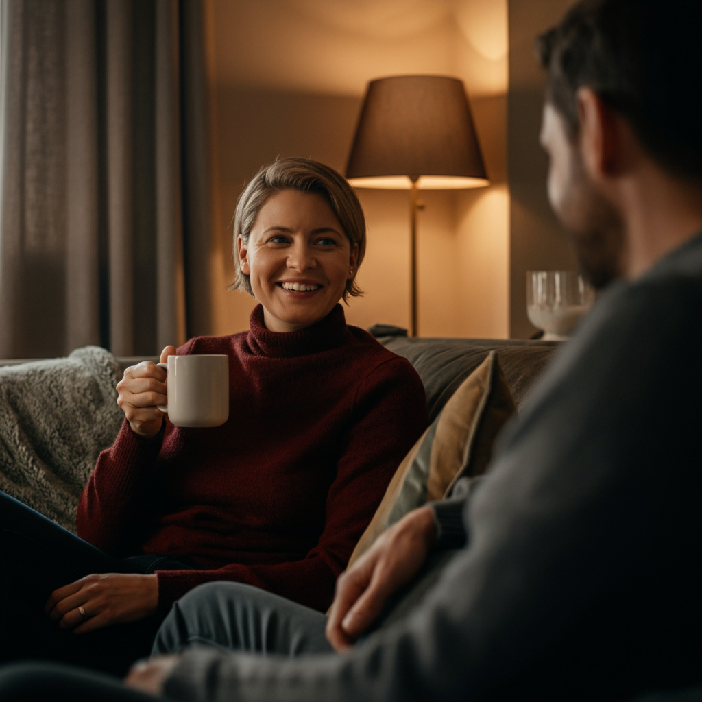 A warmly lit living room with soft textures, focusing on two people talking on a sofa. One is holding a mug and smiling genuinely.